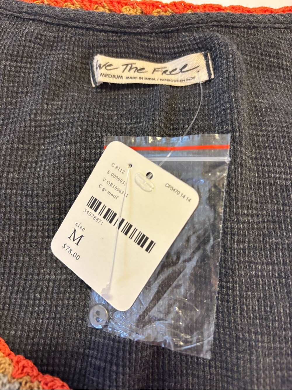 NWT We The Free Charcoal V-Neck Top with Orange & Purple Scallop Trim, size Med - Picture 7 of 9